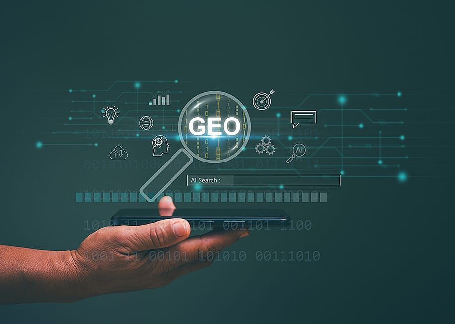 A Generative Engine Optimization (GEO) concept floats in a background with icons for view results from internet network. — krungchingpixs // Shutterstock