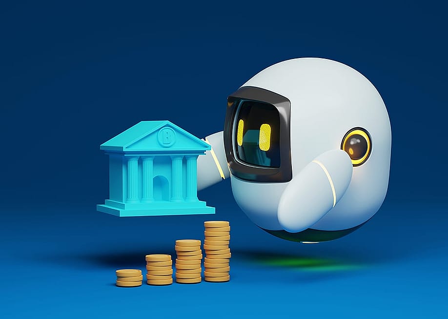 A 3D illustration of a robot holding a bank with coins in a blue background. — Lerbank-bbk22 // Shutterstock