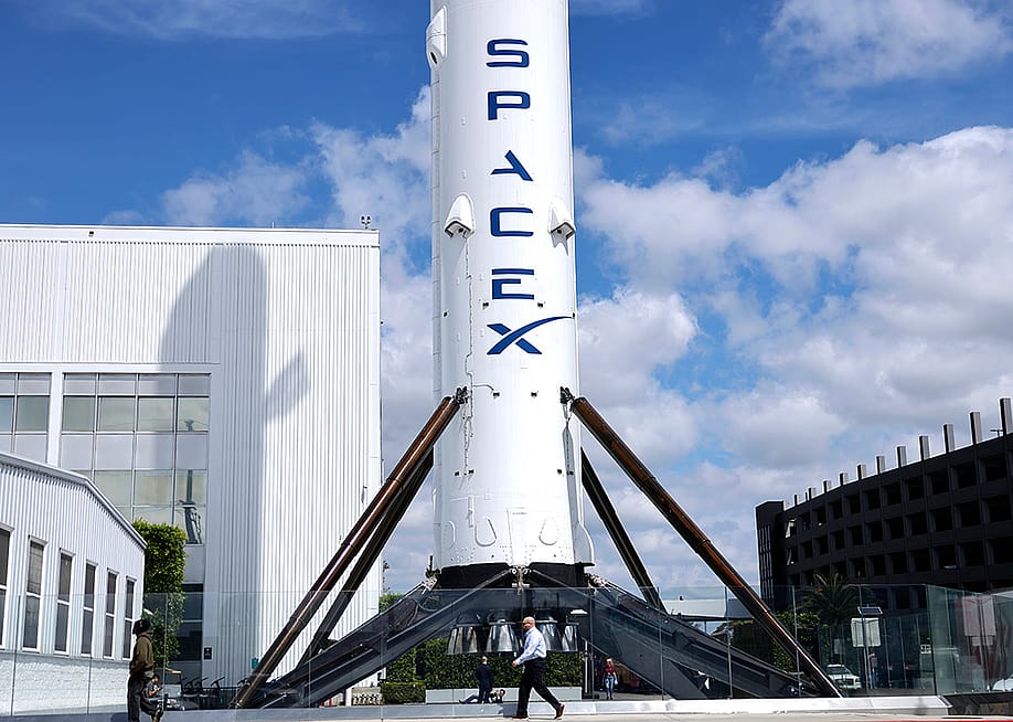 A SpaceX Falcon 9 rocket is displayed at a SpaceX facility on April 2, 2026 in Hawthorne, California. — Mario Tama // Getty Images