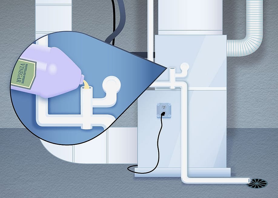 An illustration of cleaning a condensate drain line connected from an indoor airconditioning unit. — Paul Dolan // HomeServe
