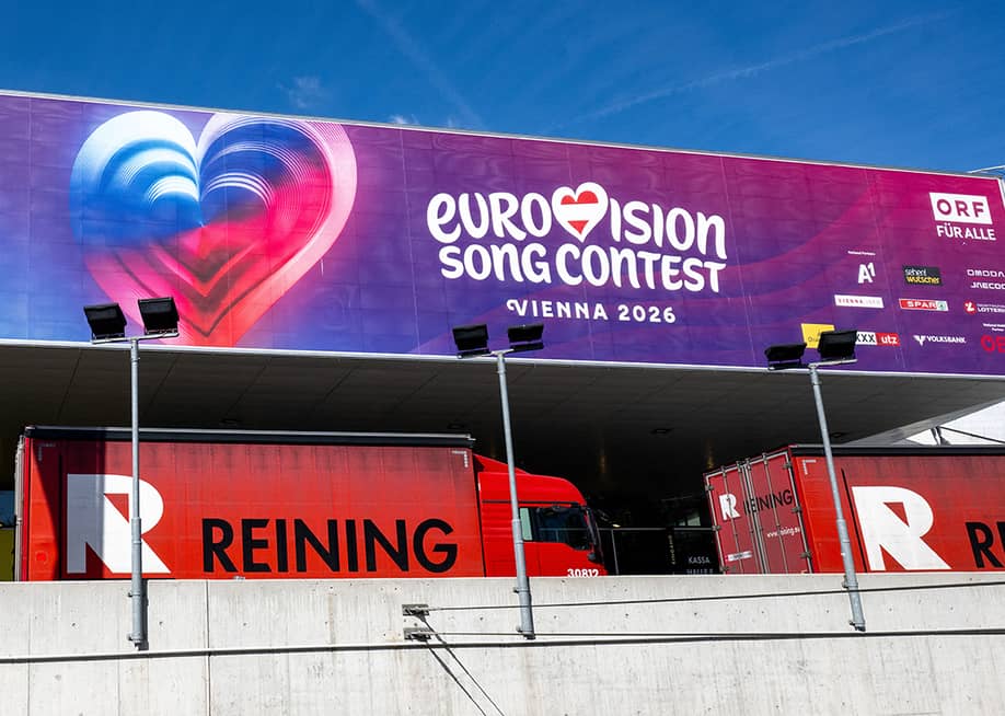 Trucks are parked outside Stadthalle for the Eurovision Song Contest in Vienna, Austria. — Joe Klamar // AFP via Getty Images