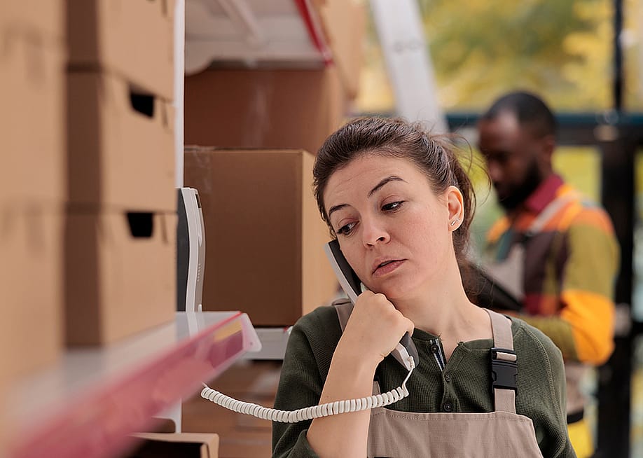 A warehouse worker talking over the landline phone about package shipment. — DC Studio // Shutterstock