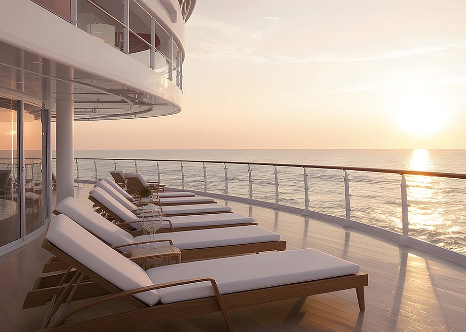 Lounge chairs on a ship deck facing the ocean's horizon during sunset. — WorldView Gallery // Shutterstock