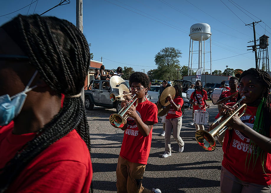Students in the West Bolivar High School marching band take part in the McEvans School homecoming parade in Shaw, Mississippi on September 23, 2022. — Rory Doyle for The Washington Post via Getty Images