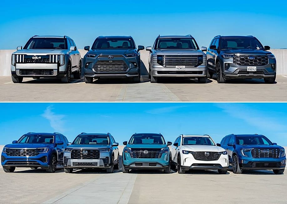 Collage of 9 midsize 3-row SUVs as compared by Edmunds. — Edmunds