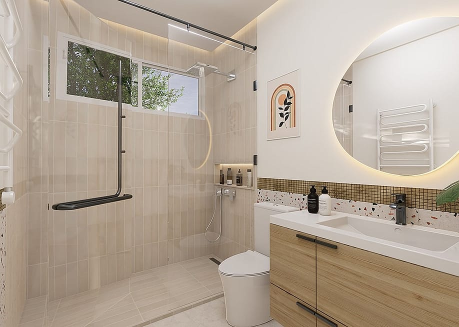 A modern bathroom with beige marble and wooden interior. — archi sami // Shutterstock
