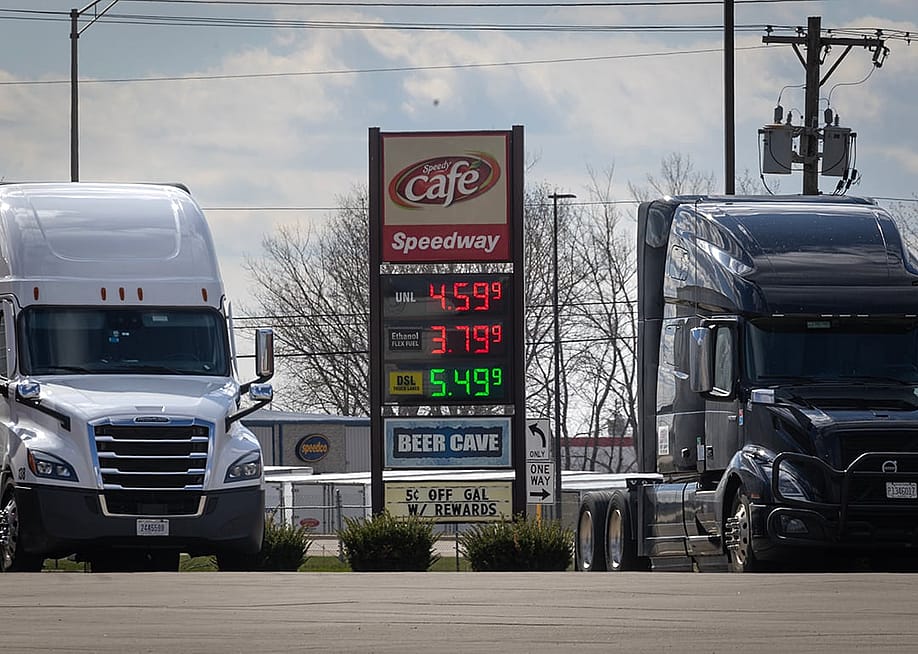 Fuel prices are displayed at a truck stop on April 06, 2026 in Hampshire, Illinois. — Photo by Scott Olson // Getty Images