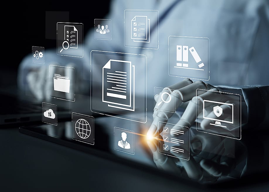 AI-powered platform and document management icons floating in the background. — Koupei Studio // Shutterstock