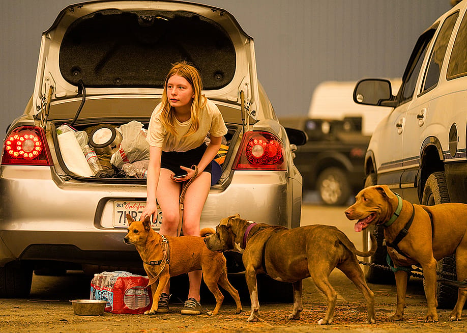 A teen petting her dog while waiting with her family to be escorted from an evacuation zone during a creek fire in Shaver Lake, California, USA. — Kent Nishimura // Los Angeles Times via Getty Images