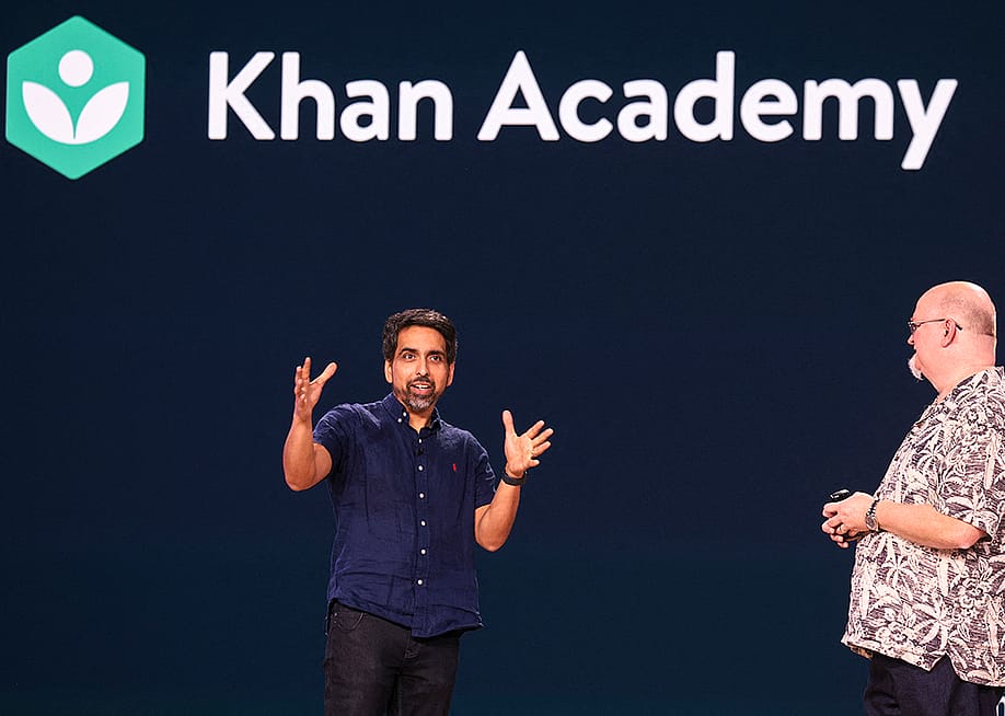 Khan Academy CEO Sal Khan (left) and Microsoft Chief Technology Officer and Executive Vice President of Artificial Intelligence Kevin Scott (right) presenting at the Microsoft Briefing event in Seattle, Washington, USA. — JASON REDMOND // AFP via Getty Images