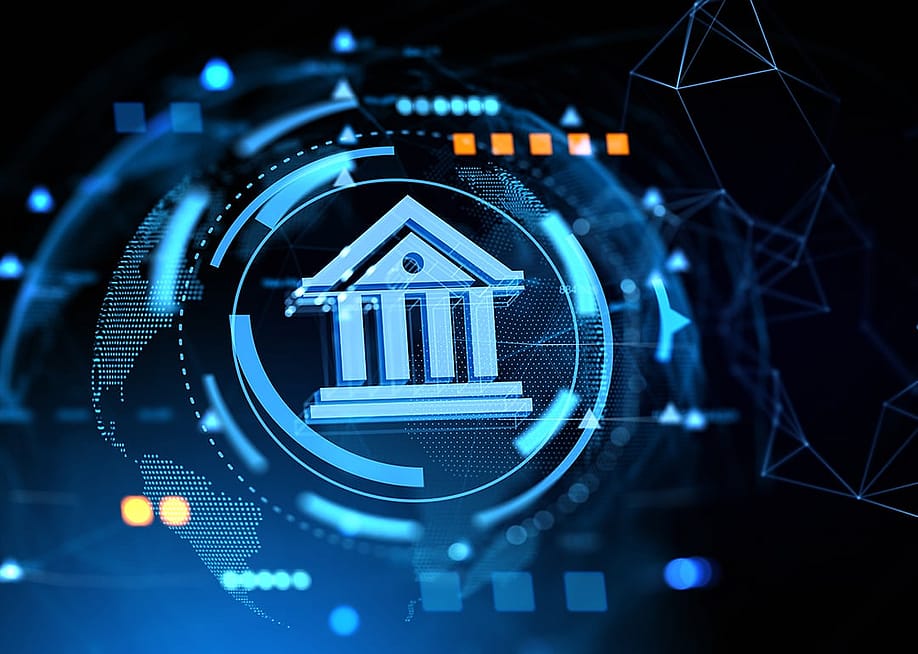 A digital bank icon surrounded by futuristic blockchain concept and designs. — ImageFlow // Shutterstock
