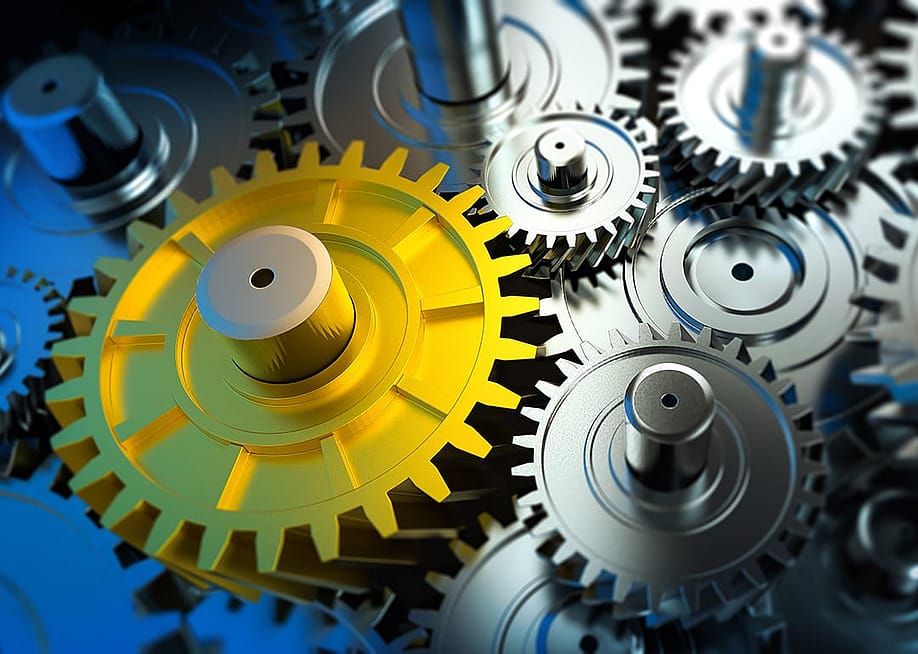 3D illustration of machine gears as a concept of automating CRM tools. — ezps // Shutterstock