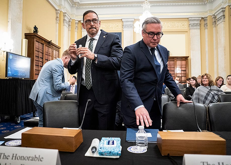 Adrian Fontes, Secretary of State of Arizona, and Al Schmidt, Secretary of The Commonwealth of Pennsylvania, arriving for a Senate Rules and Administration Hearings in Capitol Hill, Washington, D.C., U.S.A. — Jabin Botsford // The Washington Post via Getty Images