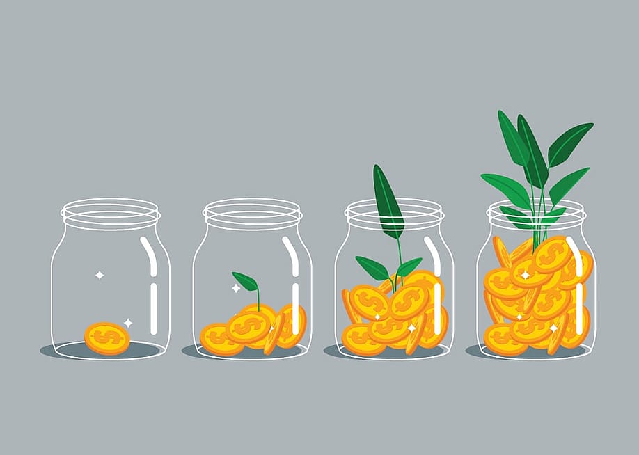 A vector illustration of jars growing a plant with increasing deposit of coins as a concept of growing finances. — Gannvector // Shutterstock