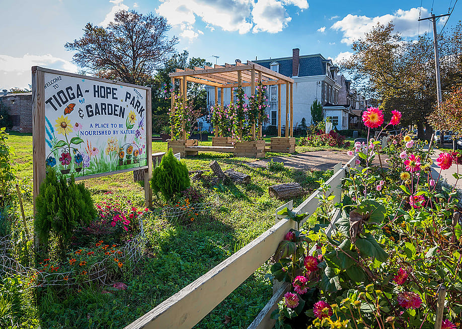 Roses bloom outside a fenced yard with a sign that says "Welcome to Tioga Hope Park &Garden." — Courtesy of Pennsylvania Horticultural Society