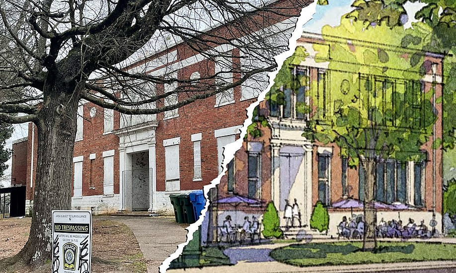 An illustration showing the proposed redevelopment of Lakewood Elementary with the old school on the left and a rendering on the right. The two images are joined together at their edges with what looks like a paper torn diagonally. — Linda Jacobson // The74, Atlanta Urban Development Corporation