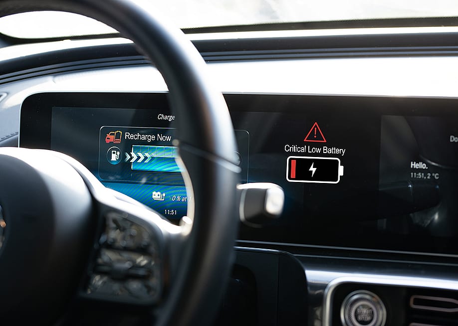 An electric vehicle's dashboard displaying a low battery alert. — Eviart // Shutterstock