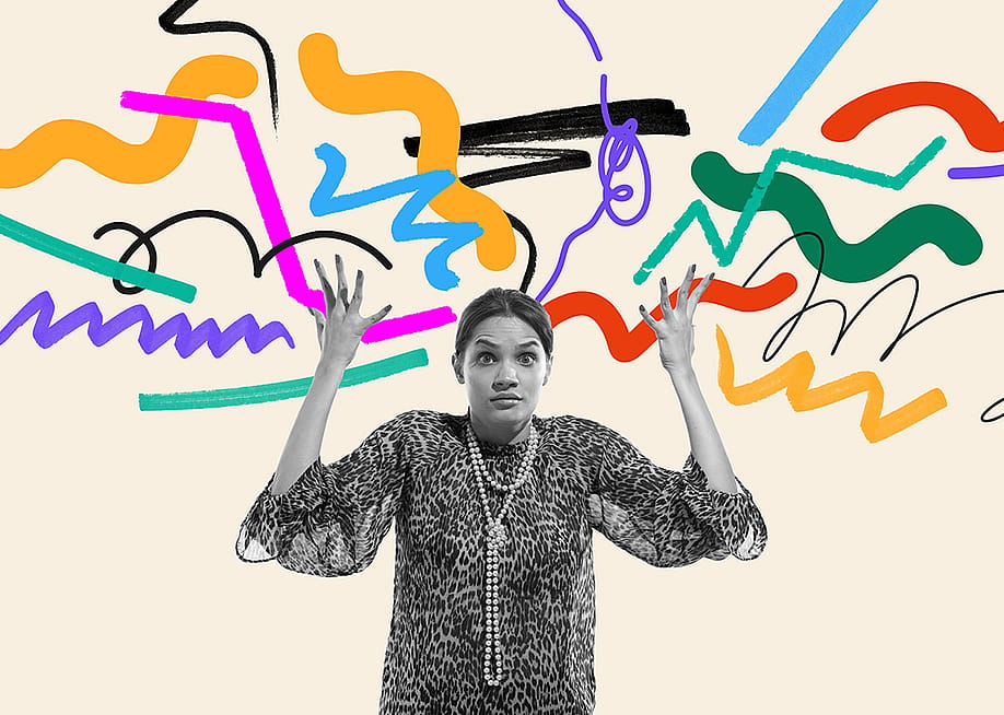 A conceptual collage of a confused woman with expressive abstract scribbles as a concept of overwhelmed thinking. — Master1305 // Shutterstock