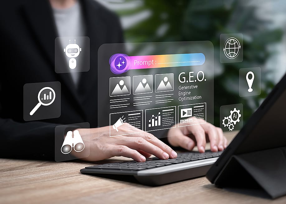 A business person working on a generative engine optimization (GEO) dashboard using AI technology. — Nichcha // Shutterstock