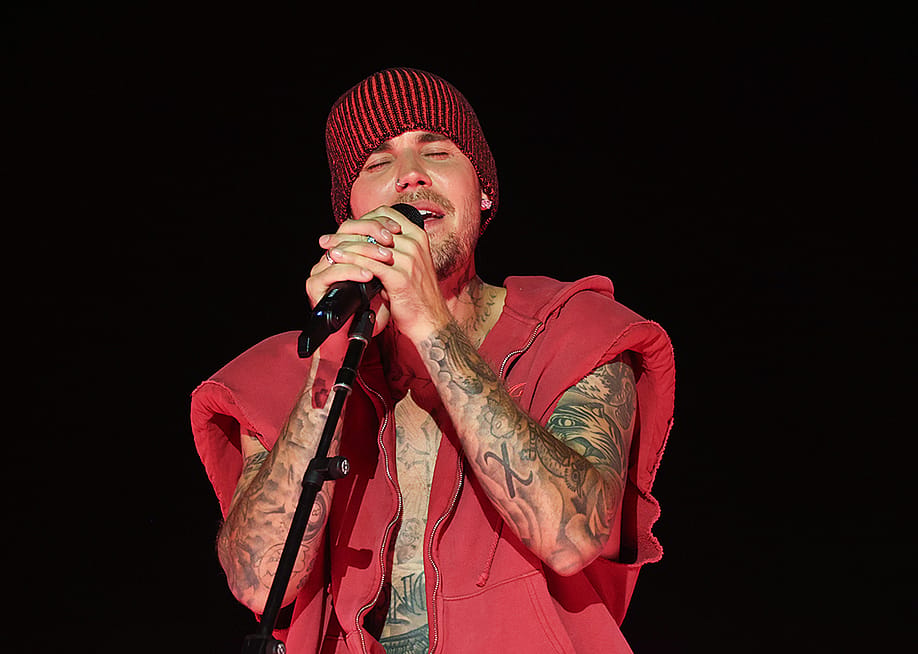 Justin Bieber performing at the Coachella stage during the 2026 Coachella Valley Music and Arts Festival in Indio, California, USA. — Kevin Mazur // Getty Images