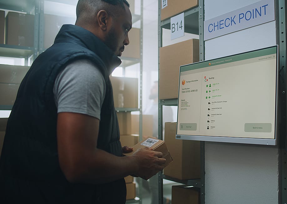 A parcel processing specialist checking delivery information of a package from a monitor. — Frame Stock Footage // Shutterstock