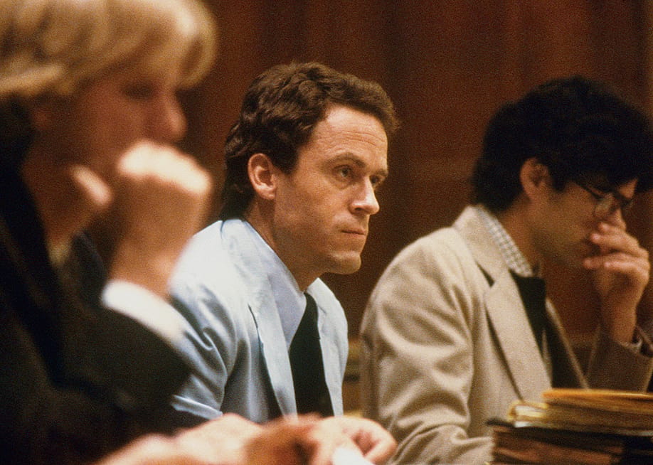 Theodore Bundy, seated in court, charged with the killings of two FSU coeds. — Bettmann Archive via Getty Images