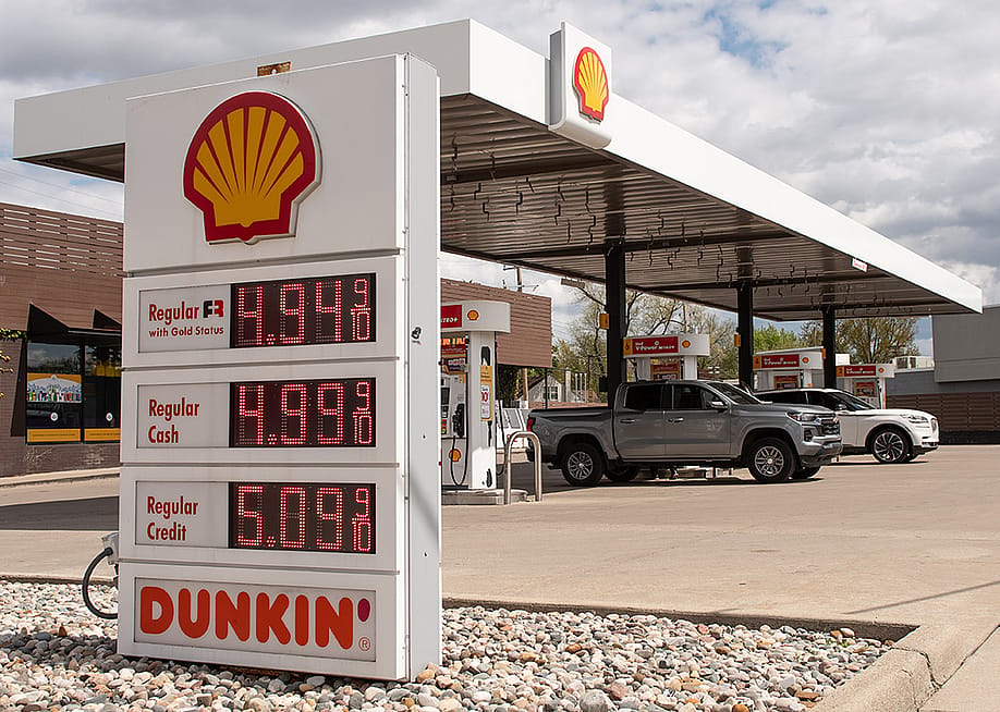 Shell gas station showing rising prices up to $5 per gallon in Birmingham, Michigan (April 30, 2026). — Adam J. Dewey // Anadolu via Getty Images
