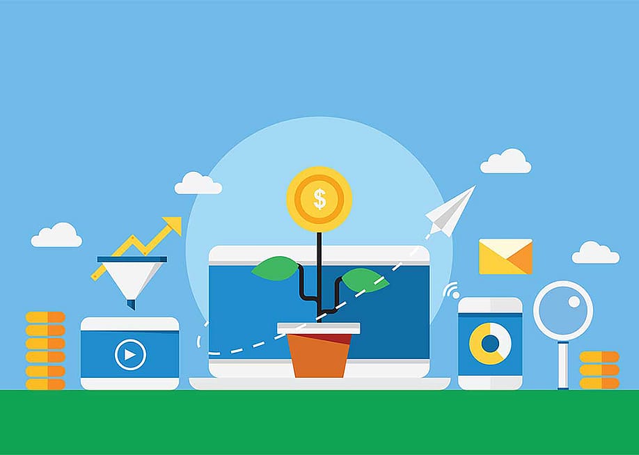 Lead nurturing concept illustrated by icons symbolizing sales leads like a funnel, conversion and a flowering plant with a dollar sign representing sales. — Sammby // Shutterstock