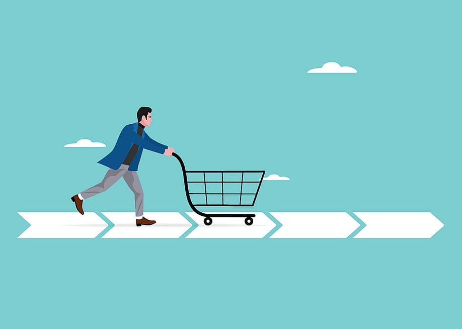 A vector illustration of a customer running a straight dash line with a grocery cart as a concept of customer journey. — Vanz Studio // Shutterstock