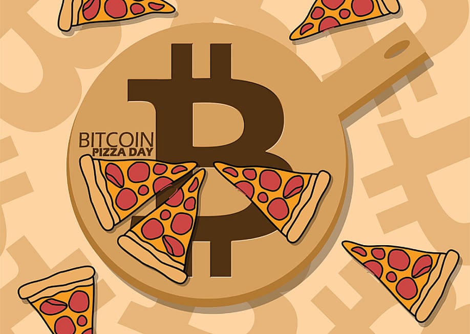 A bitcoin-labeled pan and pizza slices as an event banner for the Bitcoin Pizza Day. — Capturebyrob // Shutterstock