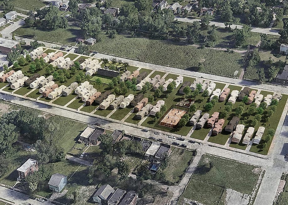 An image of North St. Louis, taken from Google Earth, showing how vacant land can be repurposed using precast concrete homes. — Rendering courtesy of Pablo Moyano Fernández