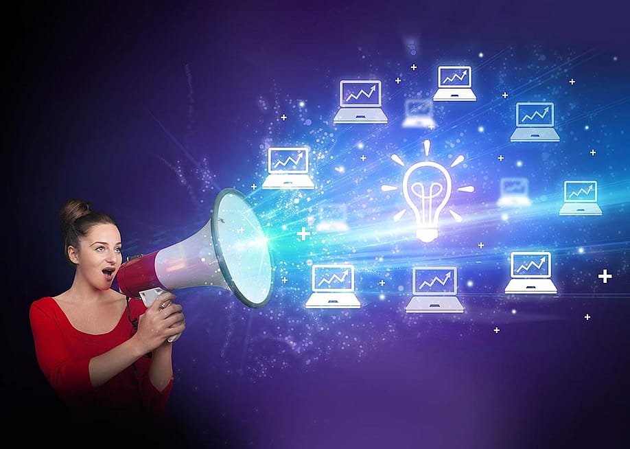 A young woman with a megaphone illustrated with shouting out business email graphics as a concept of marketing. — ra2 studio // Shutterstock