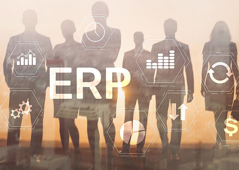 Silhouette of a business group illustrated with ERP graphics as a concept of business automation. — Funtap // Shutterstock