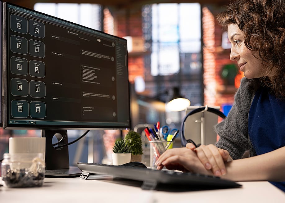 A female employee navigating an AI chatbot system for work. — DC Studio // Shutterstock