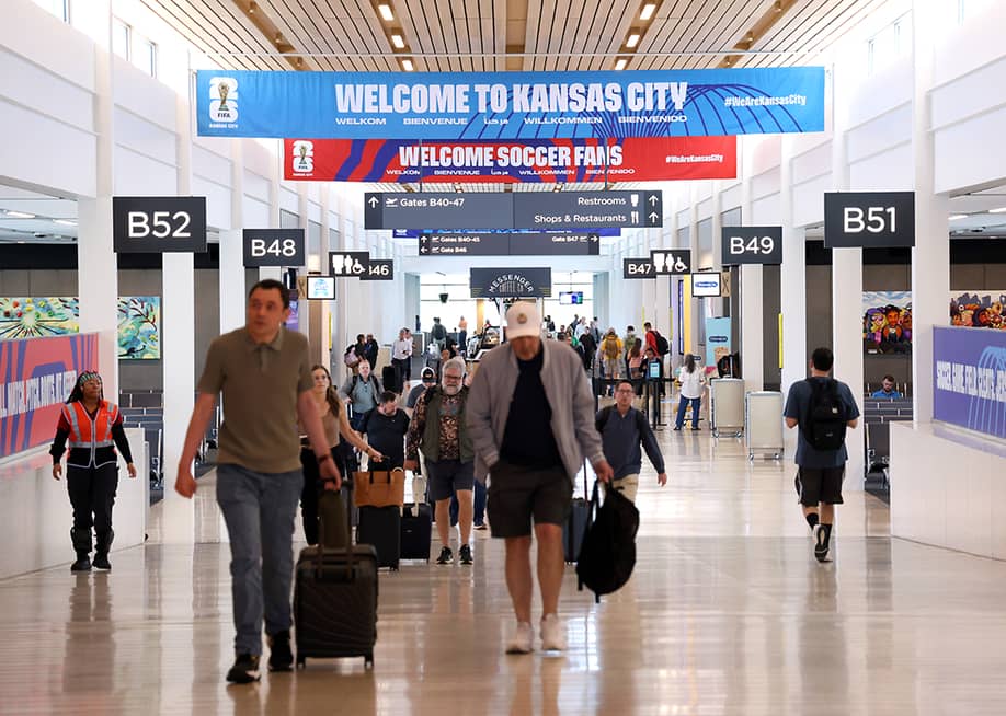 World Cup signage is displayed at the Kansas City airport ahead of the 2026 World Cup on May 05, 2026 in Kansas City, Missouri. — Jamie Squire // Getty Images