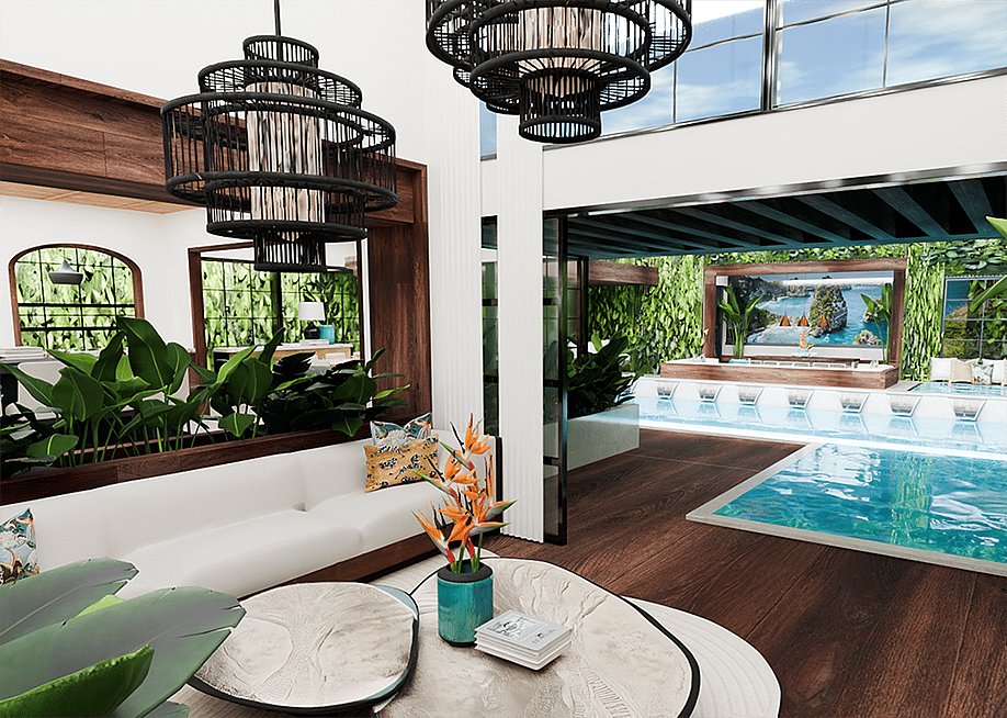 A tropical Balinese open-plan space by Bleu Canard Design. — Design by Bleu Canard Design // Courtesy of Houzz
