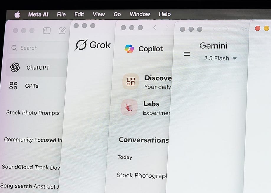 A set of open tabs navigating AI assistants. — PixieMe // Shutterstock