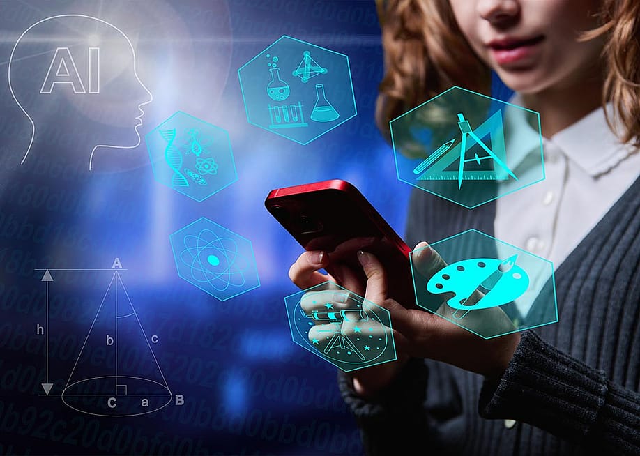 A pre-teenage girl using a smartphone illustrated with AI graphics. — VH-studio // Shutterstock