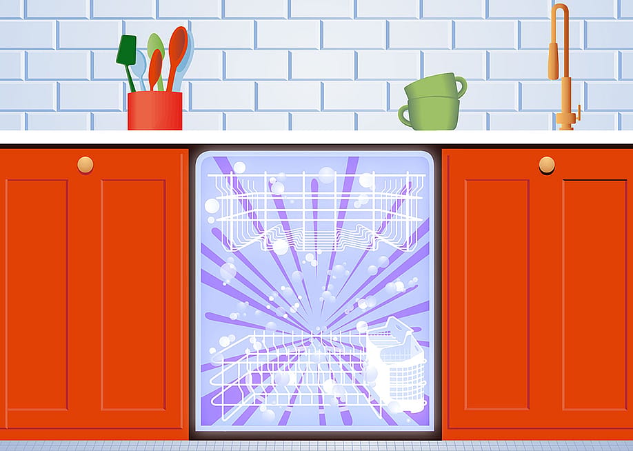 An illustration of a dishwasher compartment installed with cabinets, tiled backsplash, and countertop with kitchen tools. — Paul Dolan for HomeServe