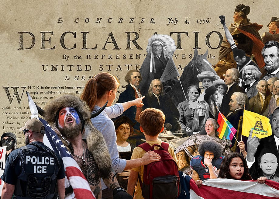 A digital collage artwork featuring the United States Declaration of Independence with overlapped cutout images of famous American history figures, peoples, and symbols. — Eamonn Fitzmaurice // The 74