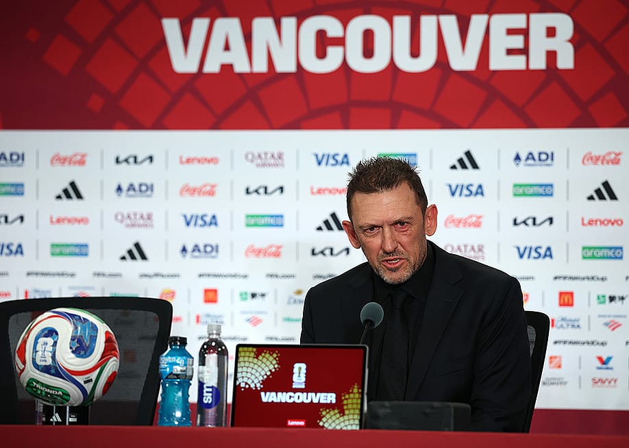 Australian head coach Tony Popovic speaking to the media in a post match press conference after the Australia-Türkiye Group D match at the FIFA World Cup 2026 in Vancouver, British Columbia, Canada. — Jared C. Tilton - FIFA // FIFA via Getty Images