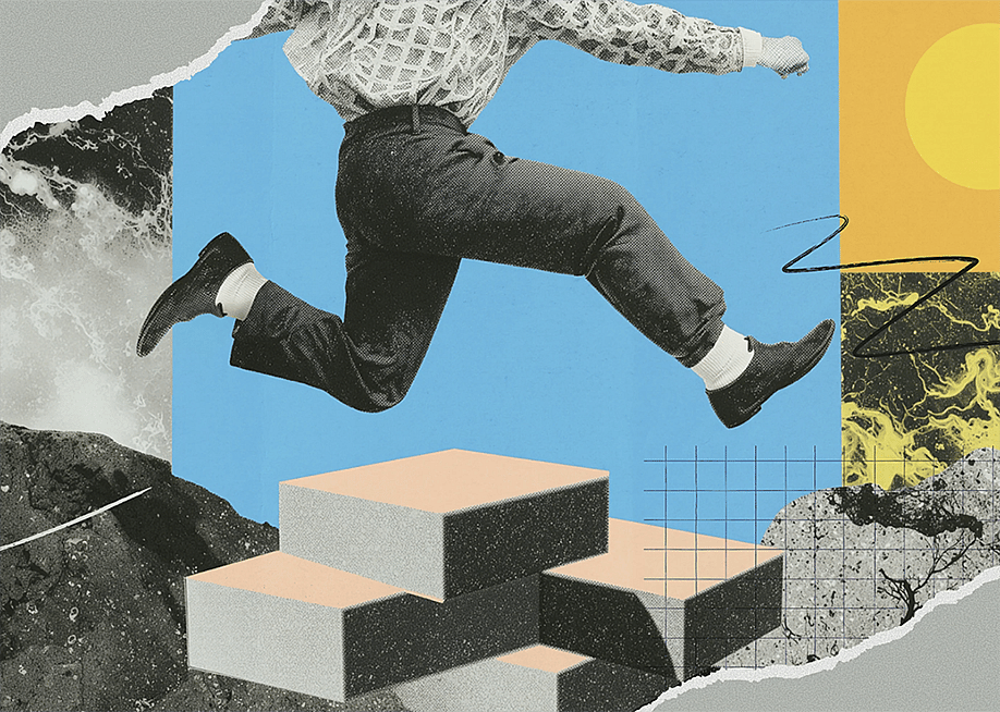 A creative collage illustrating taking leaps in an unstable economy. — Shopify