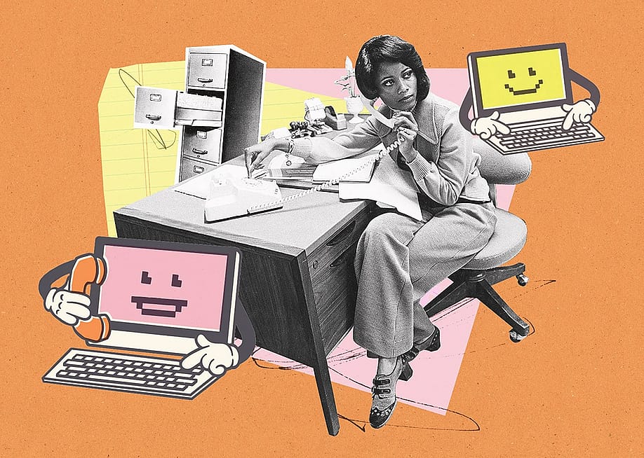 A creative collage illustration featuring a retro-style woman in a 1970s office setting, with pink-screened computer graphics in the foreground. — Emily Scherer for The 19th; Getty Images