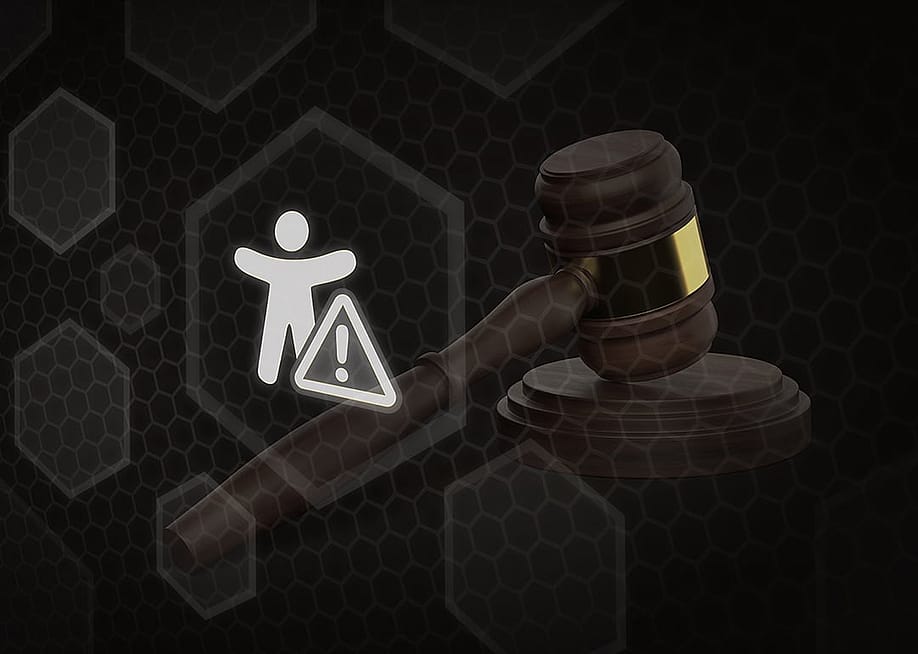 A 3D render illustrating a legal hammer resting next to an accessibility icon featuring a warning triangle sign as a concept of accessibility law. — sh99 // Shutterstock