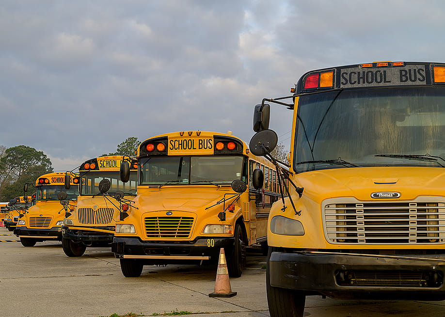 A row of school buses parked at a lot. — Vien Son // Shutterstock