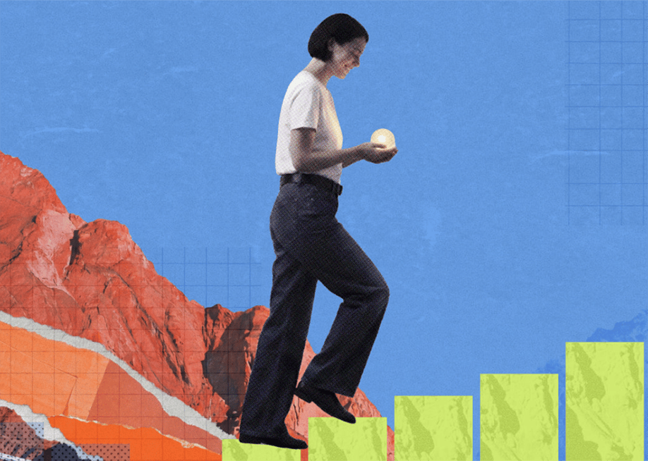 A digital collage of a person ascending a bar chart and other art pieces symbolizing concepts of entrepreneurship and growth. — Shopify
