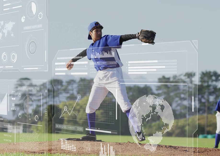A baseball player throwing pitch illustrated with sport analytics software graphics. — vectorfusionart // Shutterstock