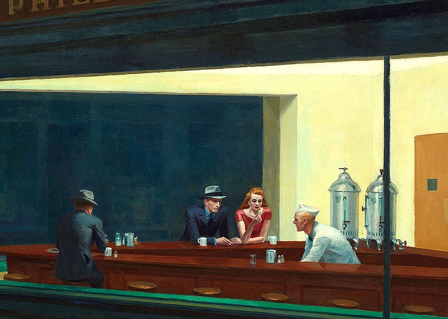 Edward Hopper's Nighthawks painting from 1942, depicting lonely people around a diner. — Edward Hopper
