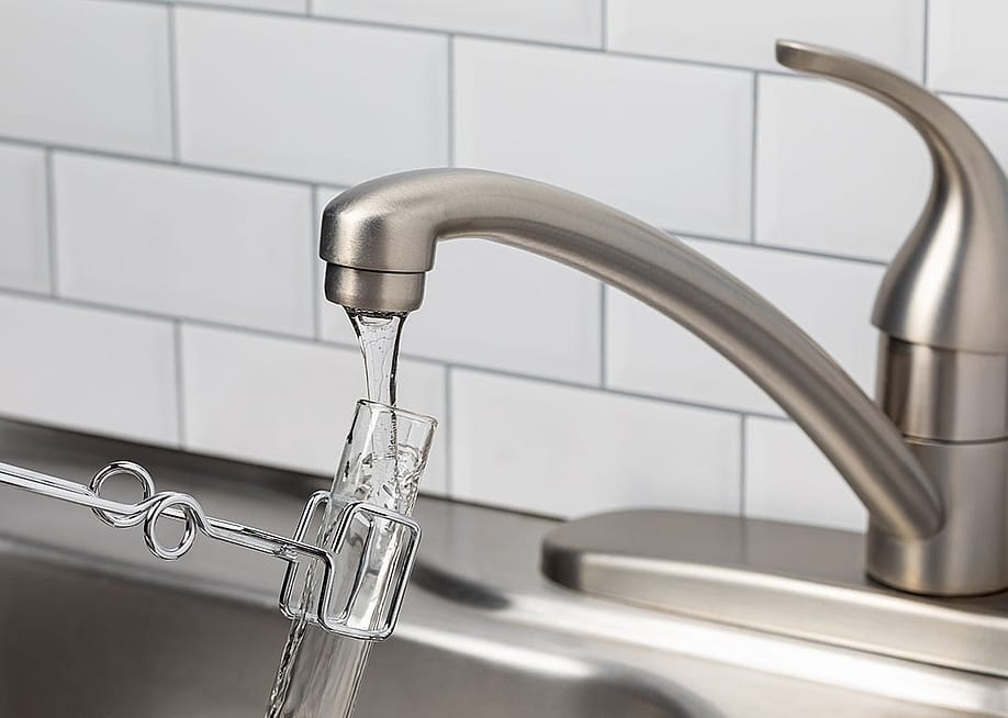 A tube test placed under the tap to collect a water sample from a kitchen faucet. — J.J. Gouin // Shutterstock