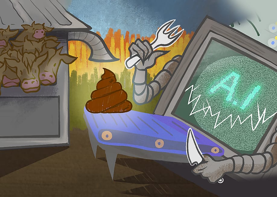A custom graphic illustration depicting the concept of utilizing cow manure to fuel AI data centers. — Janey Hayes for Sentient